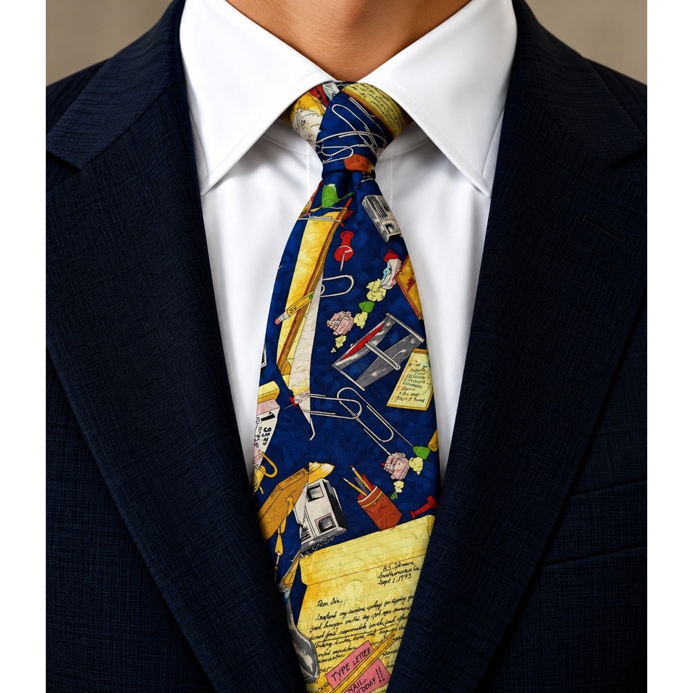Nicole Miller Vintage 1993 Office Desk Supplies Silk Tie Navy Blue Novelty NWT